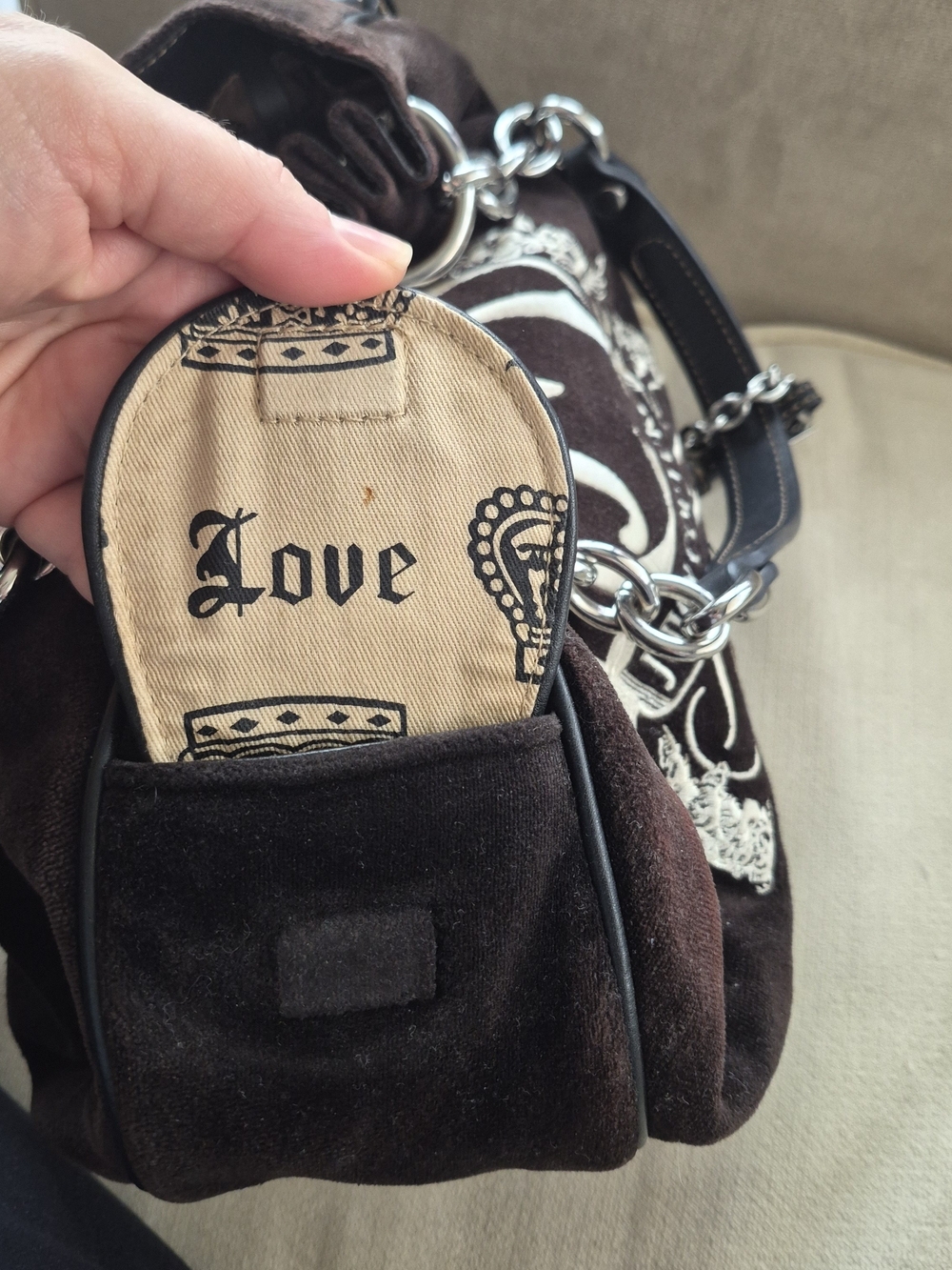 Vintage Juicy Couture Daydreamer Velour Tote Bag Brown Y2K Silver Crest Heart - Picture 8 of 17